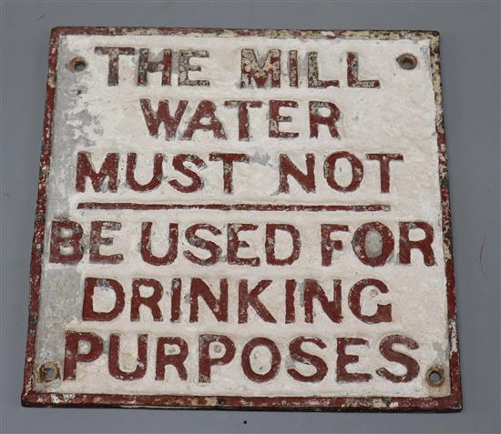 A Mill Water cast iron sign, c.1880 22 x 22cm